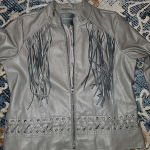 Kate and Mallory Faux Leather Fringe Gray Jacket